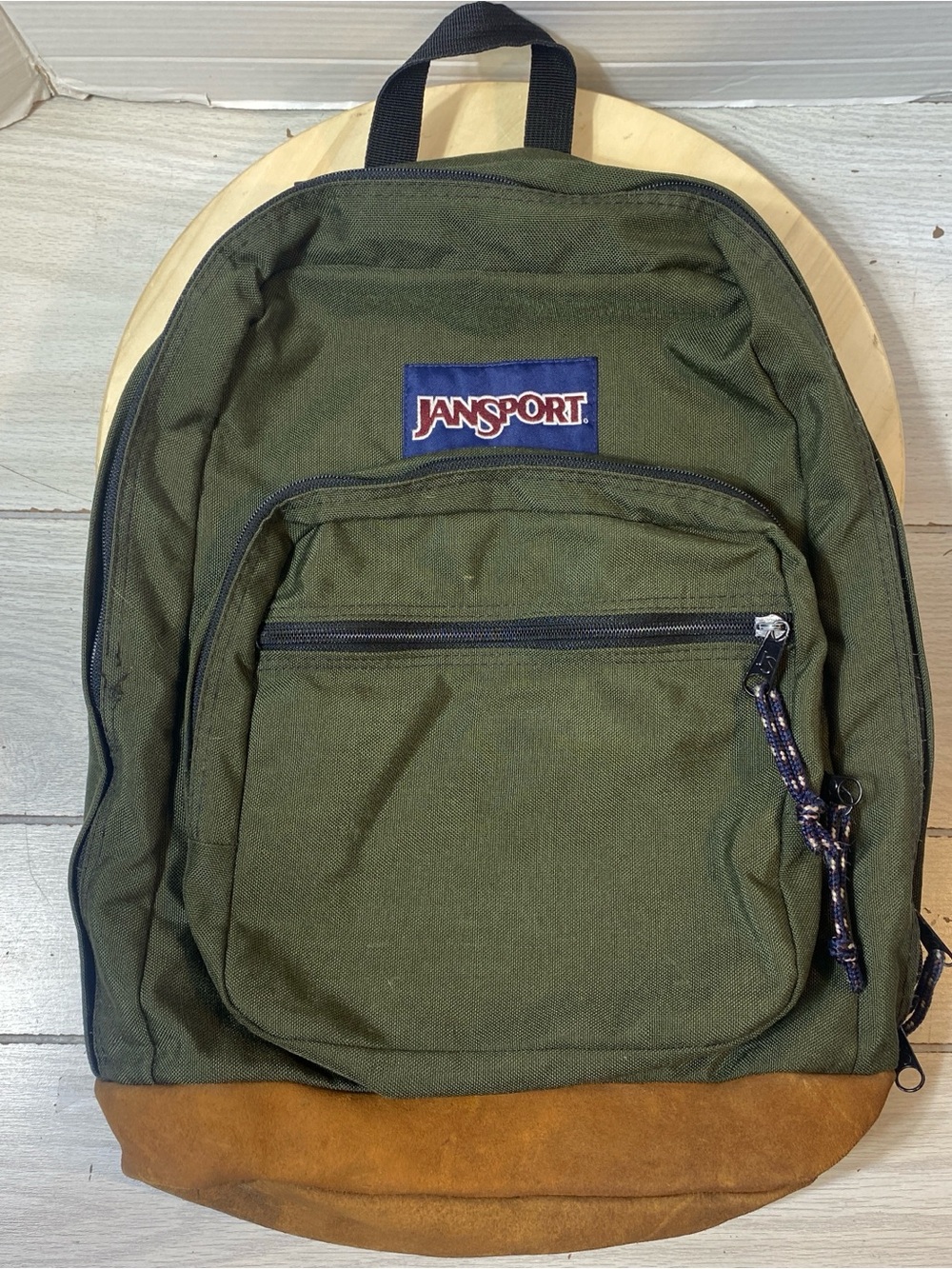 Vintage JanSport Backpack Green Suede Leather Bottom School Travel Daypack Pack